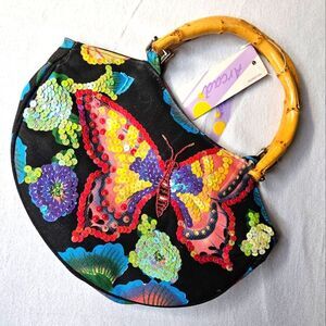 Arcad Collection Colorful Sequined Butterfly Bamboo Handle Zip Close Handbag